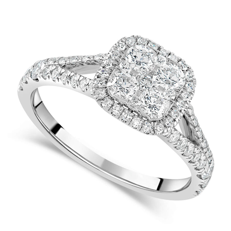 Unazë platin me 1.00ct diamant jastëk cluster