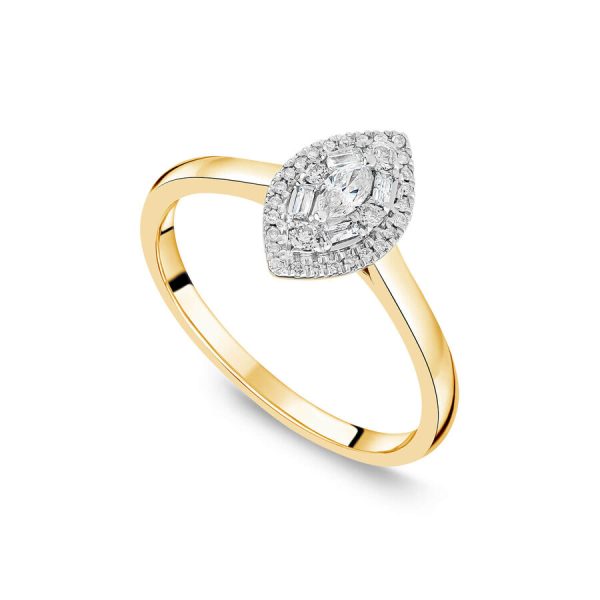 Unazë fejese ar i verdhë 18k me 0.25ct diamant marquise cluster