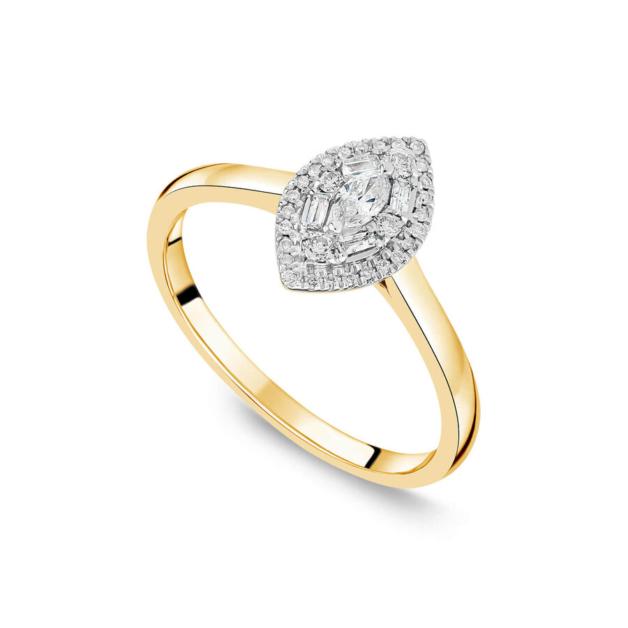 Unazë fejese ar i verdhë 18k me 0.25ct diamant marquise cluster