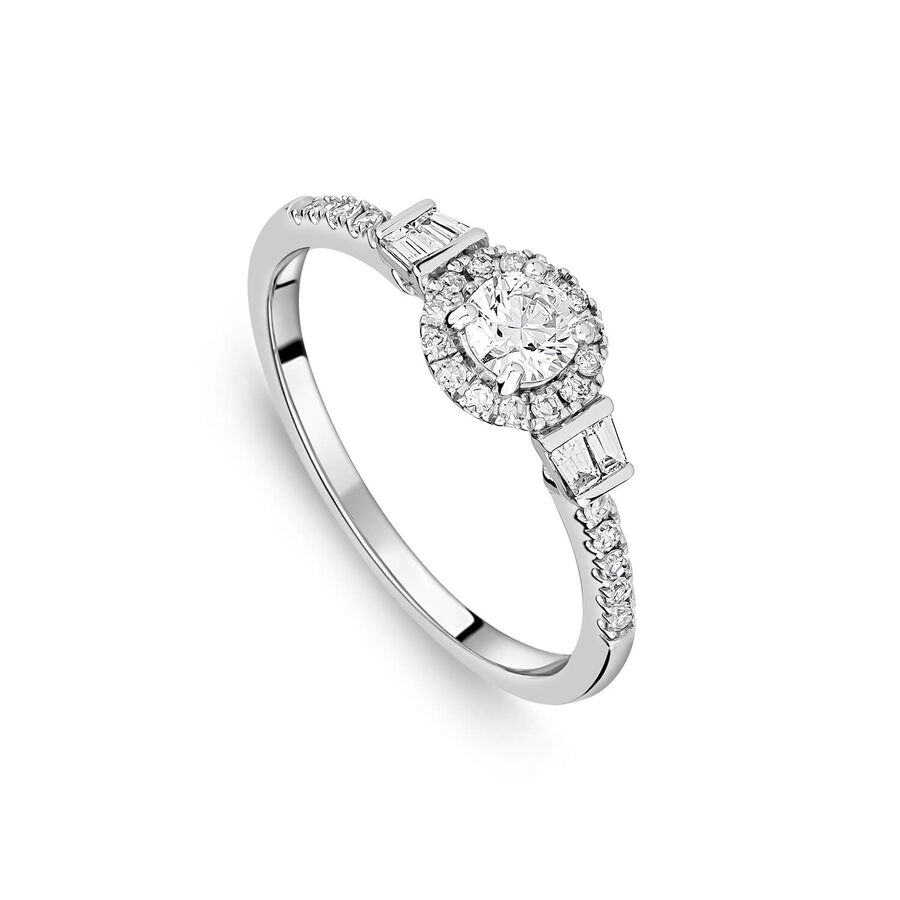 Unazë ar i bardhë 18k me 0.49ct diamant baguette halo