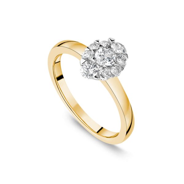 Unazë fejese ar i verdhë 18k me 0.57ct diamant ovale i lustruar cluster