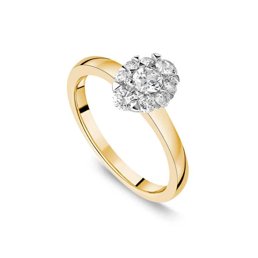 Unazë fejese ar i verdhë 18k me 0.57ct diamant ovale i lustruar cluster
