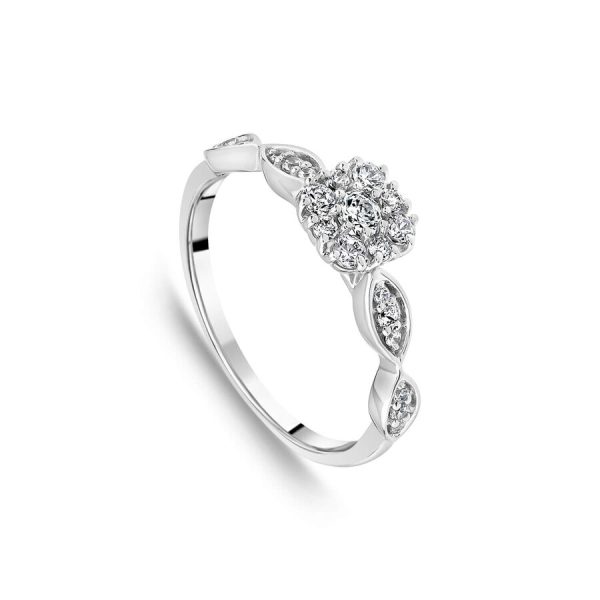 Unazë ar i bardhë 9k me 0.33ct diamant jastëk cluster
