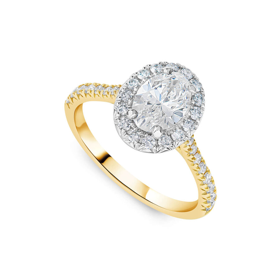 Born unazë ar i verdhë 18k me 1.40ct diamant i rritur në laborator ovale halo